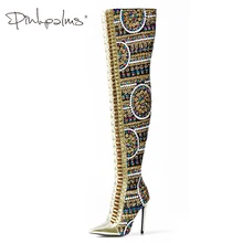 Зимняя обувь с розовыми пальмами; женские Сапоги выше колена из блестящей расшитой блестками ткани; женские сапоги с перекрестной шнуровкой