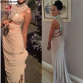 Новый Vestidos Высокий воротник один длинный рукав стразы Замочная скважина Ню