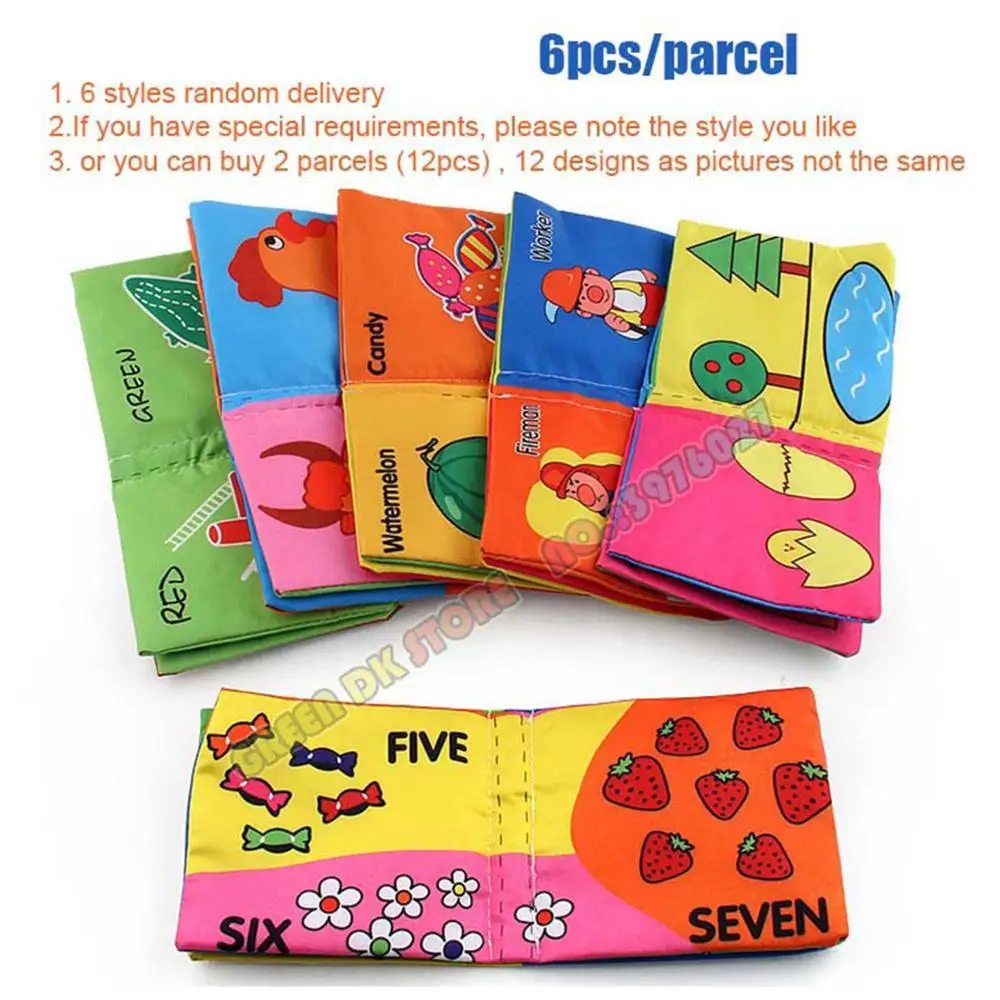 6PCS Fabric Cloth Language Baby Books Intelligent Learning&Education Cartoon Book Kids Early Learning Soft Washable Cloth Books