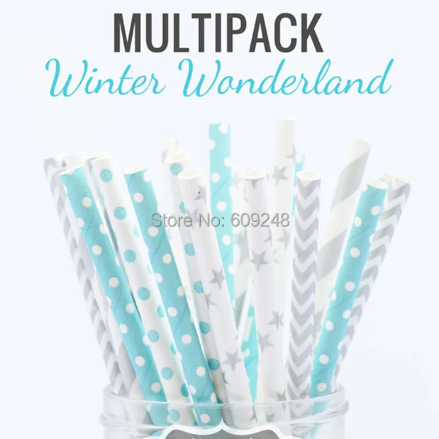 

125pcs Mixed Colors WINTER WONDERLAND Themed Paper Straws Bulk, Light Blue Swiss Dot, Silver Striped, Chevron and Star