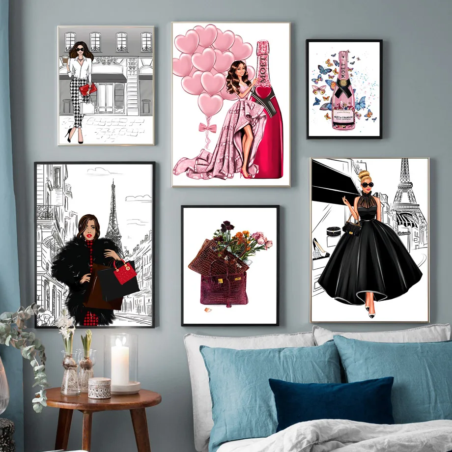 

Fashion Girl Bag Balloon Champagne Wall Art Canvas Painting Nordic Posters And Prints Wall Pictures For Living Room Salon Decor