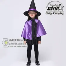 Halloween Cosplay Costumes Magic Girls Witch Performance Clothes With Purple Cloak Hat Fancy Ball Cosplay Kids