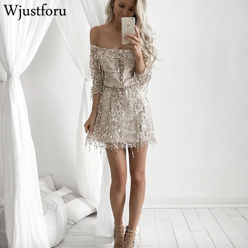 

Wjustforu Off Shoulder Sexy Sequin Midi Dress Women Long Sleeve Loose Bandage Dress Vestido Sweet Fashion Elegant Dress Female