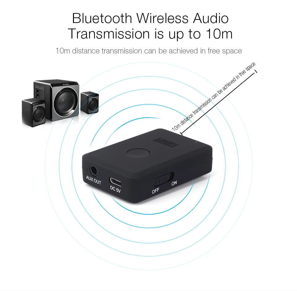 Bluetooth-приемник звука August MR230 с технологией aptX Low Latency и аудиовыходом 3.5 мм для автомобиля, колонок