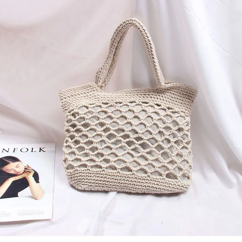 

Women's Straw Woven Bag Korean Cotton Thread Pure Hand Simple All-purpose Woven Bag Single Shoulder Hollow Pure Color Beach Bag