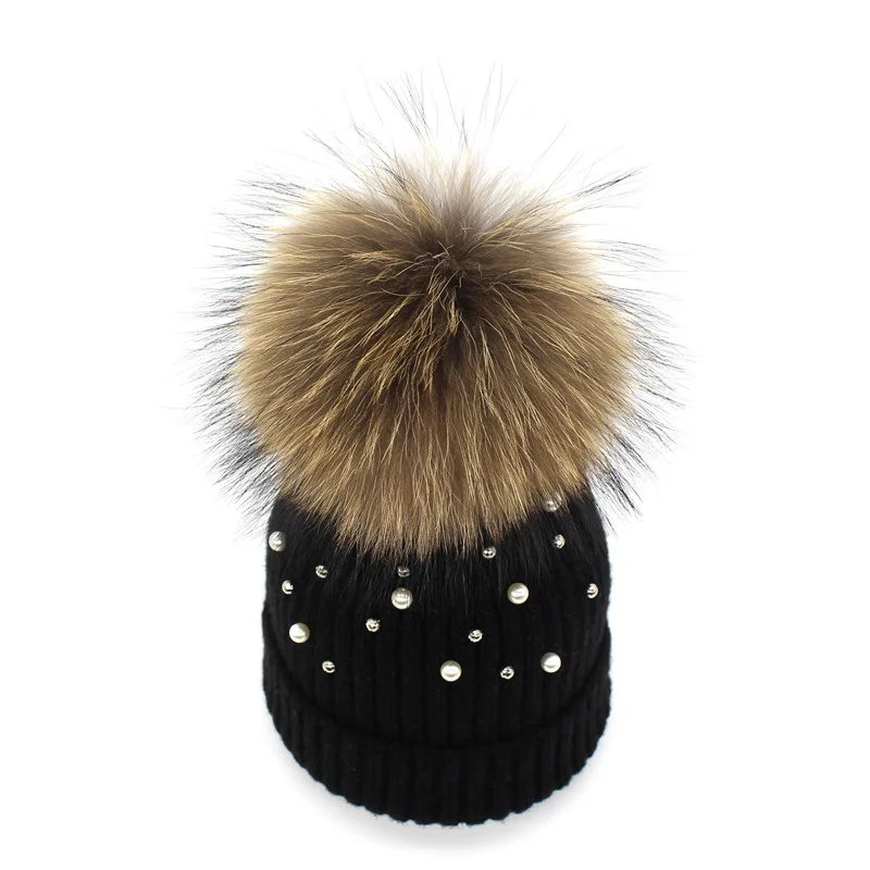 Новое зимнее, связанное из шерсти шапка шапочки с настоящим норковым мехом помпоны Skullies натуральный енот помпоном мех шапка с помпоном