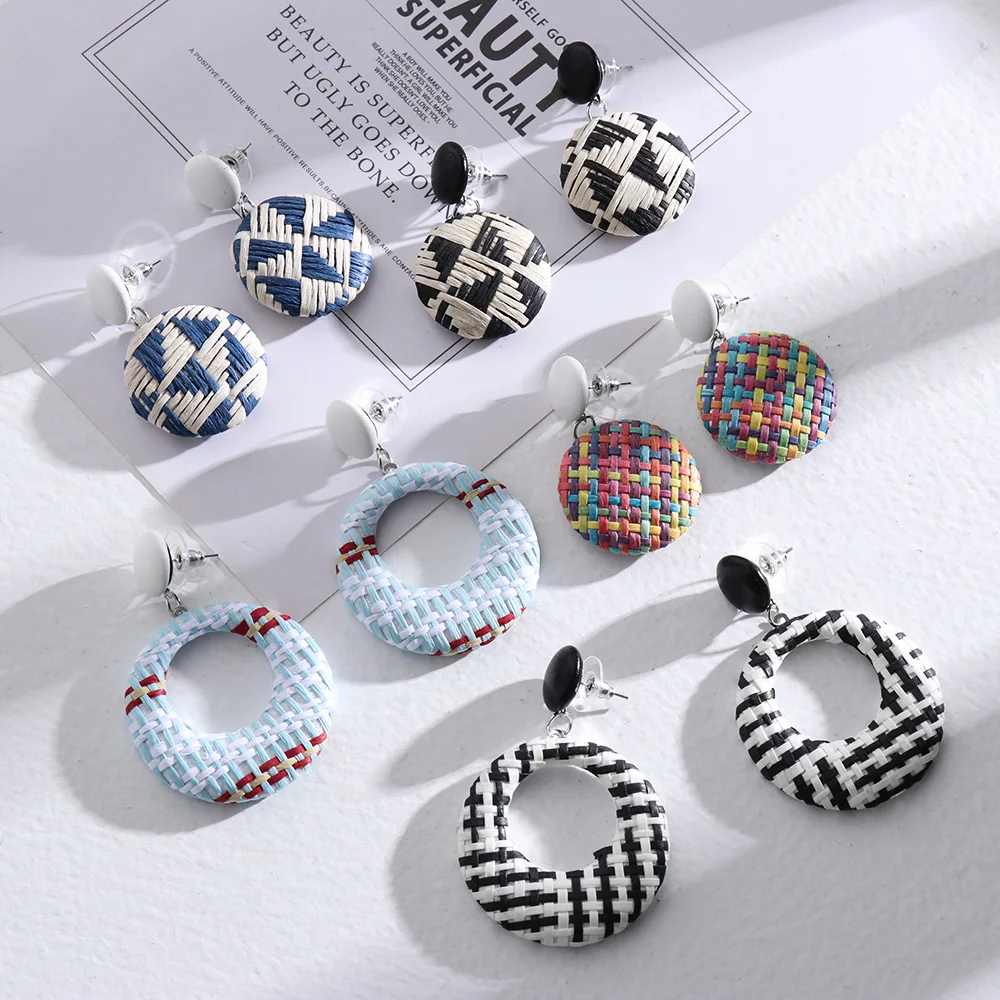 

2019 Bohemian Geometric Rattan Weave Dangle Earrings For Women Round Square Hollow Drop Female Hoop Earring Jewelry Gifts
