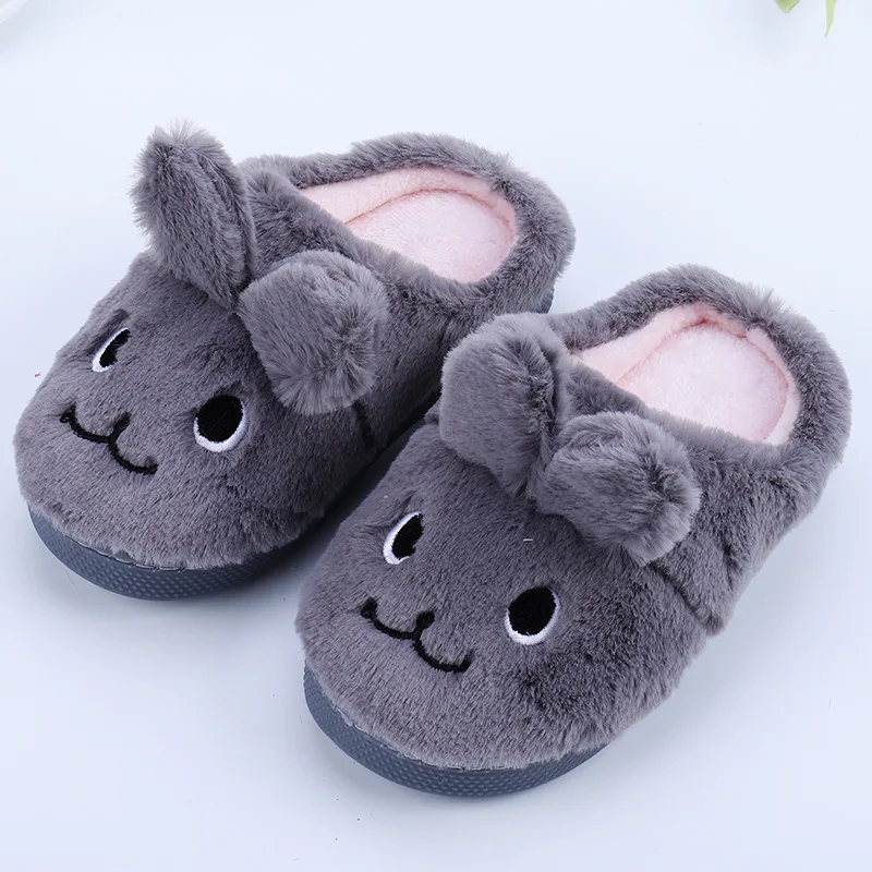 Детские хлопковые тапочки для девочек; домашняя обувь; зимние детские теплые Нескользящие домашние тапочки для мальчиков; утолщенная бархатная обувь с кроликом - Цвет: gray