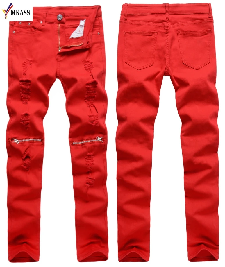 2017 New Red Ripped Jeans Men With Holes Denim Super Skinny Famous Brand Slim Fit Jean Pants Scratched Biker Jeans 100% Cotton