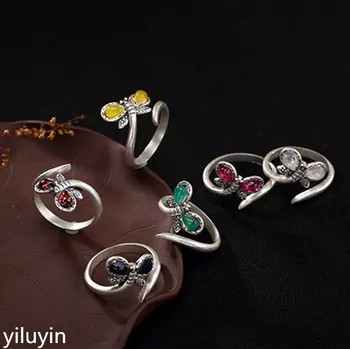 

KJJEAXCMY Boutique jewelry S925 Sterling Silver Antique mosaic pomegranate red corundum blue sand stone Dragonfly opening ring