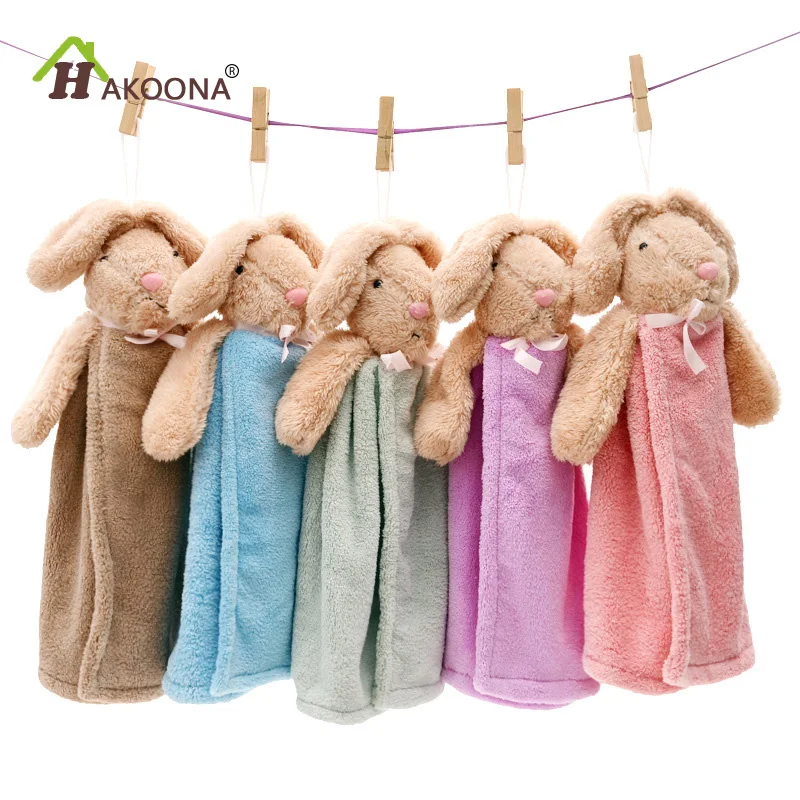 HAKOONA Cute Bunny Kitchen Bathroom Kids Hand Towels Hanging Coral