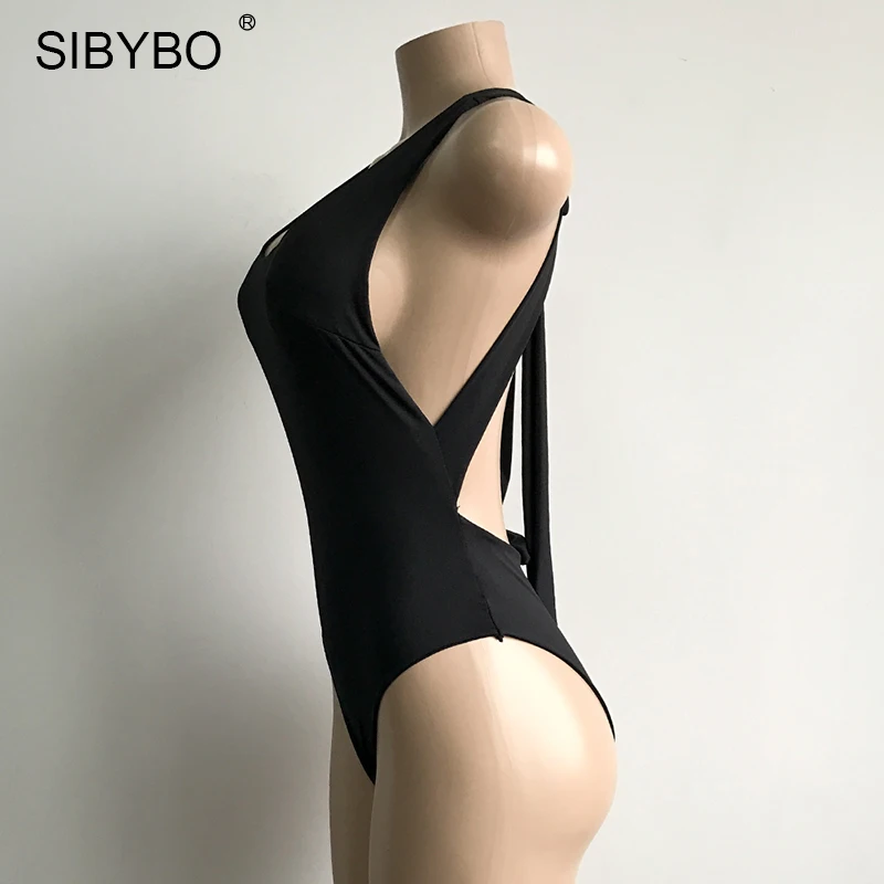 Sibybo 2019 Sexy Chic Backless Bodysuit Women Black / White Deep V Neck Summer Bodycon Bodysuit Rompers Womens Jumpsuit