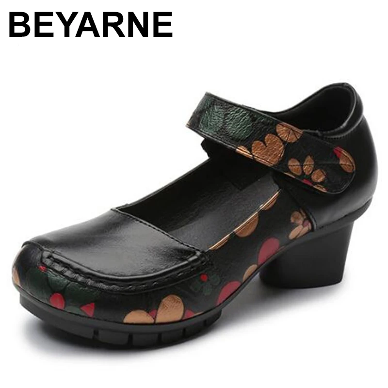 

BEYARNE brand Fashion Women High Heel Shoes 2018 bestselling printing cow Leather Shoes woman Comfortable Soft high heels 5 cm