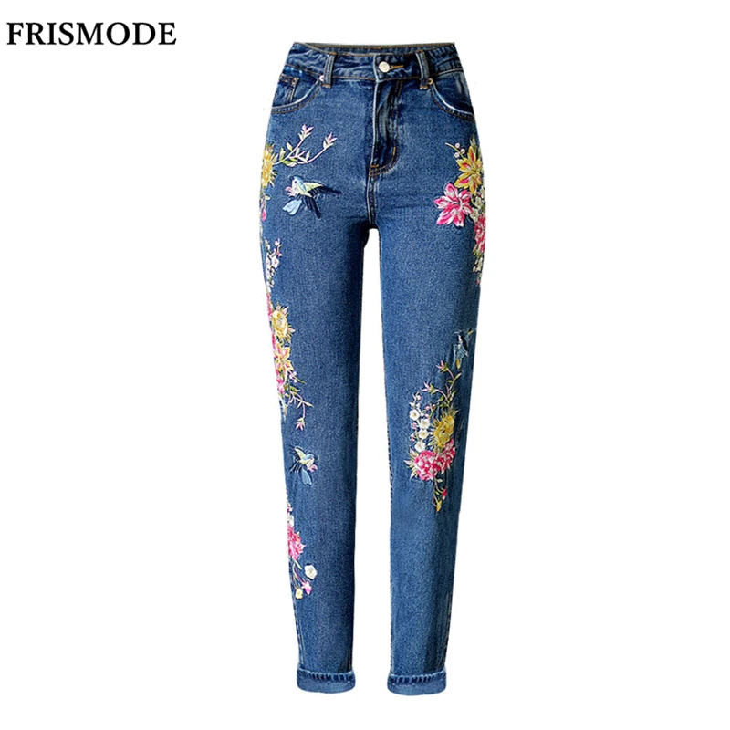 Woman Flower Embroidery Bleach Cropped Edgy Jeans Fashion Spring Autumn