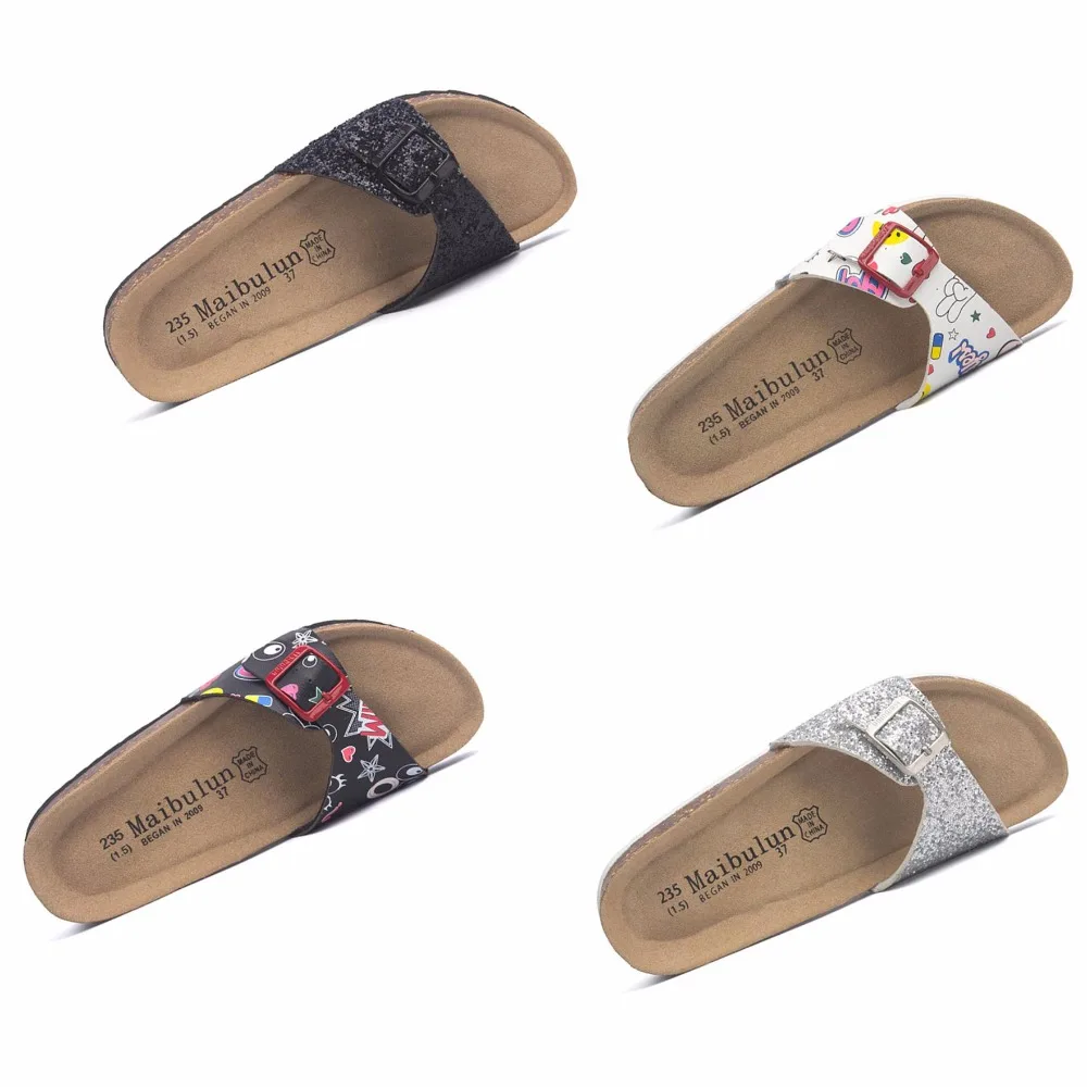 

flower printing cork sandals women brand buckle flip flops mixed color glitter slippers woman beach sandals bis size 42 43 y450