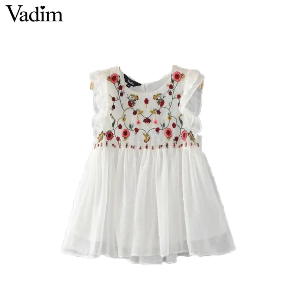 Vadim Милая плиссированная рубашка с цветочной вышивкой и рюшами, милая винтажная блузка без рукавов для кукол, женские летние повседневные топы, blusas WT418 - Цвет: Бежевый