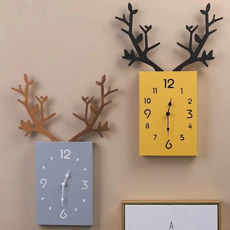 

5 STYLE Wooden Antler Decorative Wall Clock Nordic Style Fashion Silent Home Living Room 3d DIY Clock Bedroom Wall Decoration
