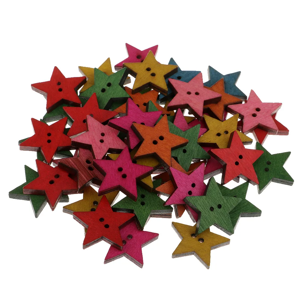 50x Rustic Wood Painted Star 25mm Sewing Wooden Buttons For Clothes Decorative Button Crafts Scrapbooking Card Making Crafting