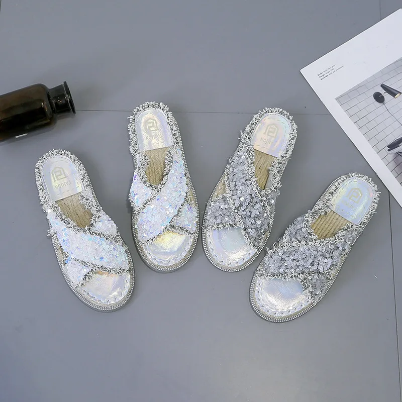 

cross band women summer slides sequins transparent soled slippers straw beach flip flops open toe girl shoes fringe flat sandals