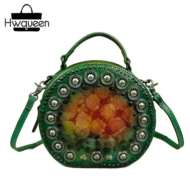 

Mixing Color Summer Designer Genuine Leather Women's Small Round Purse Cowhide Ladies Rivets Shoulder Bag Female Studs Handbag