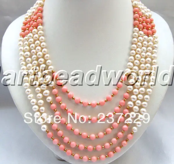 

Wholesale price FREE SHIPPING ^^^^5 strand white color fresh water pearl and pink coral necklace