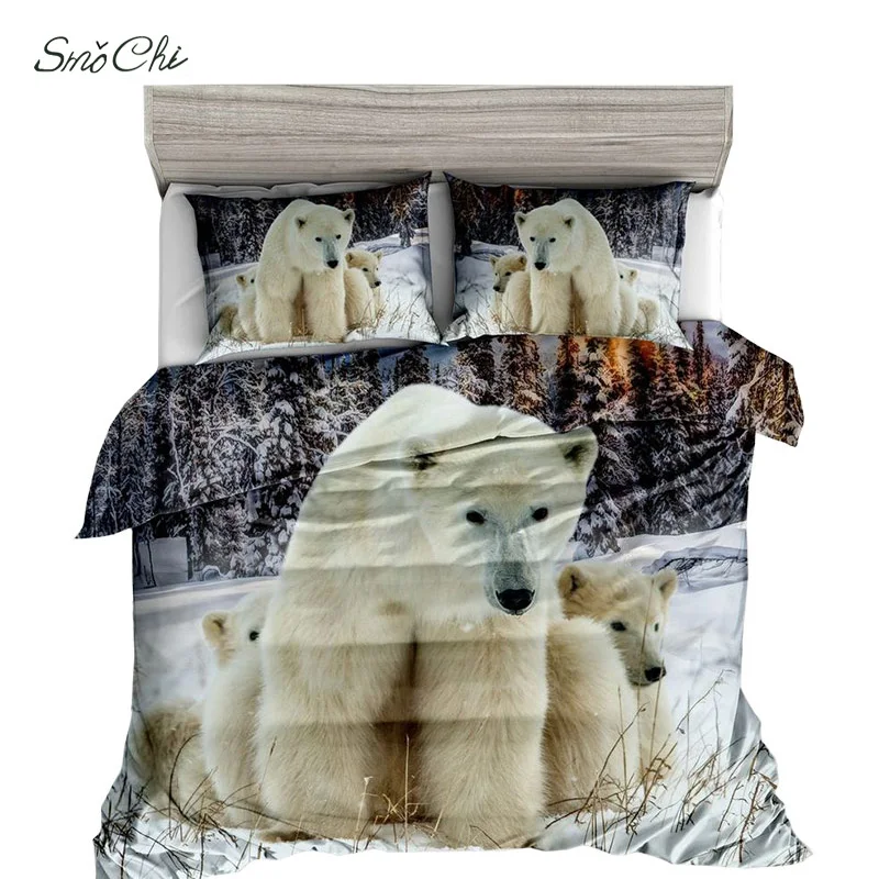 Smochi 3PCS Bedding Set Polar Bear Duvet Cover Set Animal Print Bed
