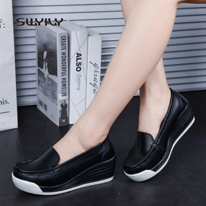 SWYIVY Women Slimming Shoes Wedge Leather Sneakers Women 2018 New Thick-sole Multi-styles Female ToninG Swing Shoes Lose Weight