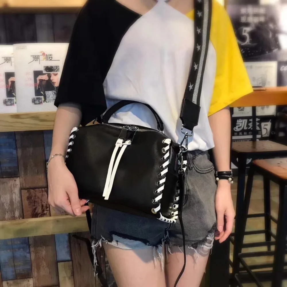 

Kafunila 2018 new arrival women genuine leather wide shoulder strap messenger handbag famous brand designer Boston European bag