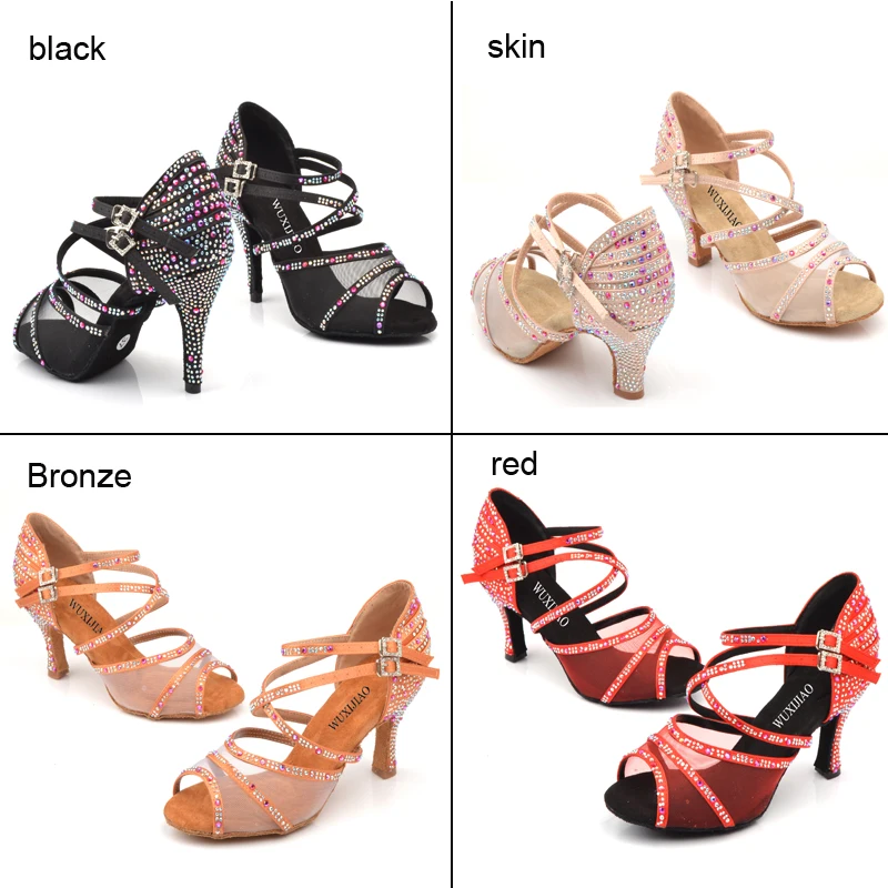 WUXIJIAO Dance Shoes Women Salsa Sneakers Dance Shoes Satin and Net Comfortable Ballroom Dance Shoes Brown Red Apricot Black