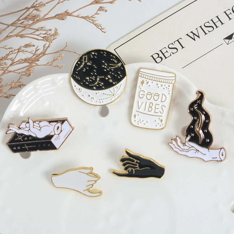 

Hand Enamel Pins black white Brooches GOOD VIBES Cup Starry Sky Book Lapel Badge Denim Promise Dream Jewelry magical accessories