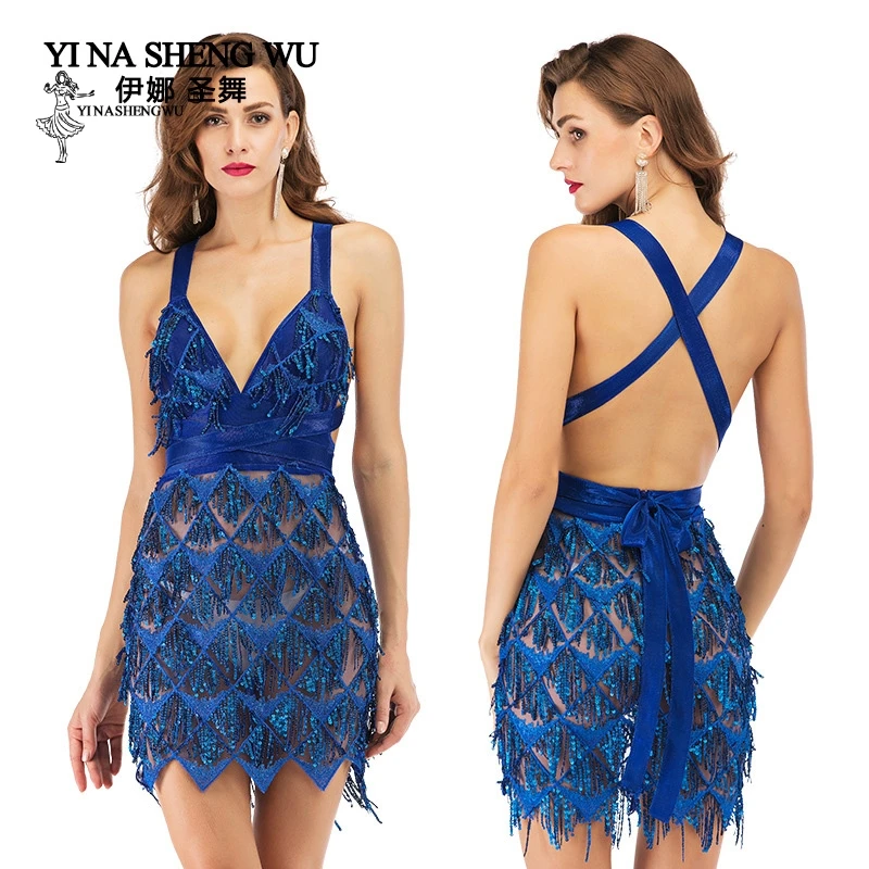Women Sexy Sequins Tassel Skirts Open back dress Sling deep V-neck dress Adult lady Festival Party Nightclub Fringe dance wear