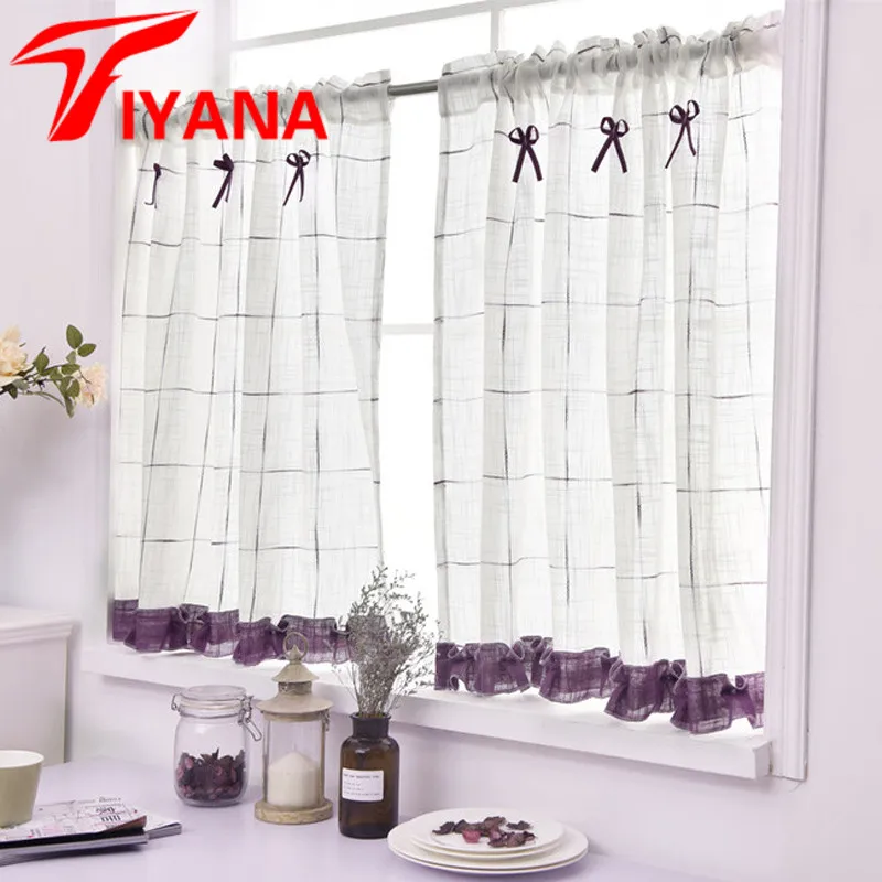 Plaid Custom Simple Rustic Window Screen Half Curtain Kitchen Gauze