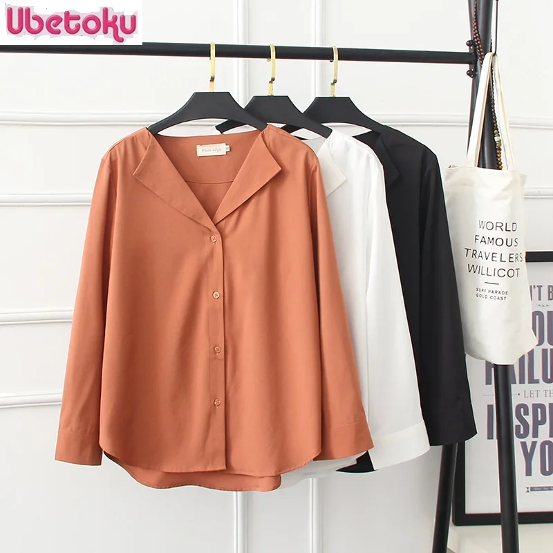 

Ubetoku 2018 Winter Spring women linen blouse ladies long sleeve shirts solid V-neck tops 4XL plus size casual women clothing