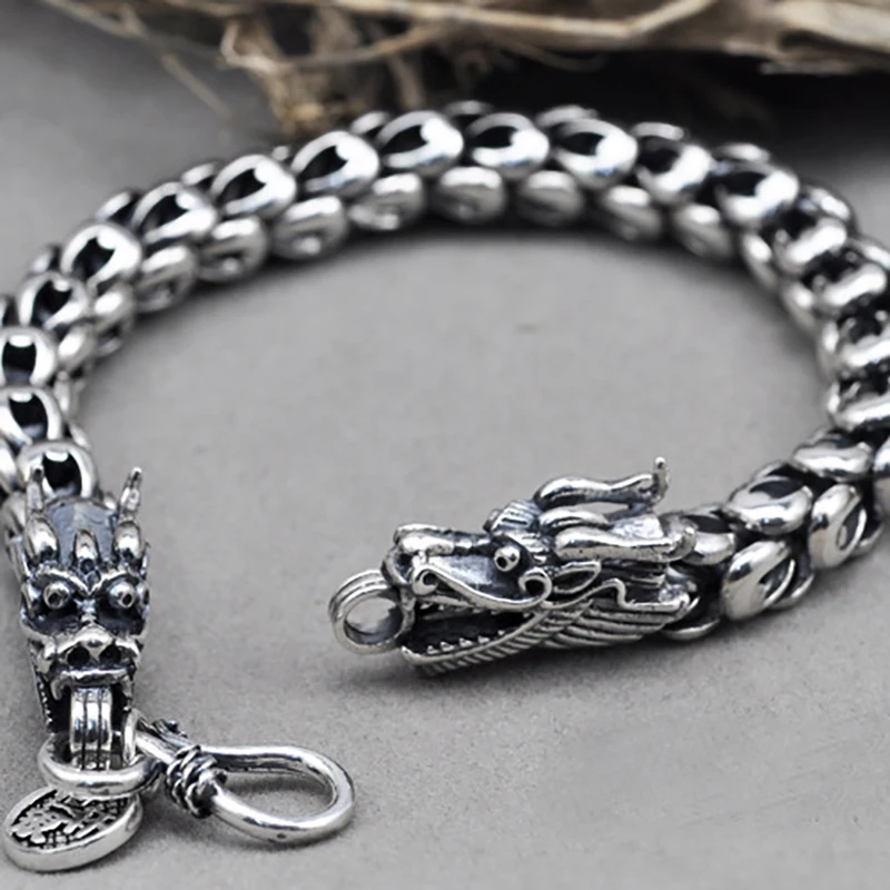Goedkoop Dragon Schaal Armband Chain Real Pure 925 Sterling Zilver Double Heads Vintage Punk Rock Retro Stijl Mannen Sieraden