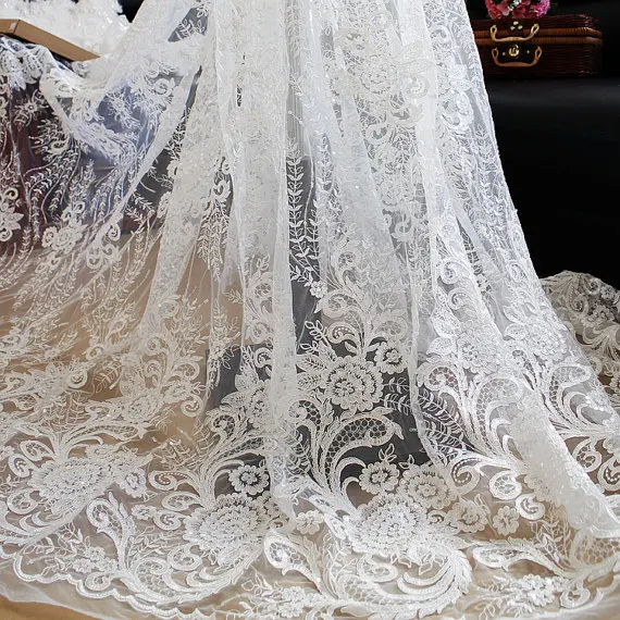 Sequins Lace Bridal Mesh Wedding By The Yard Ivory Embroidered Fabric