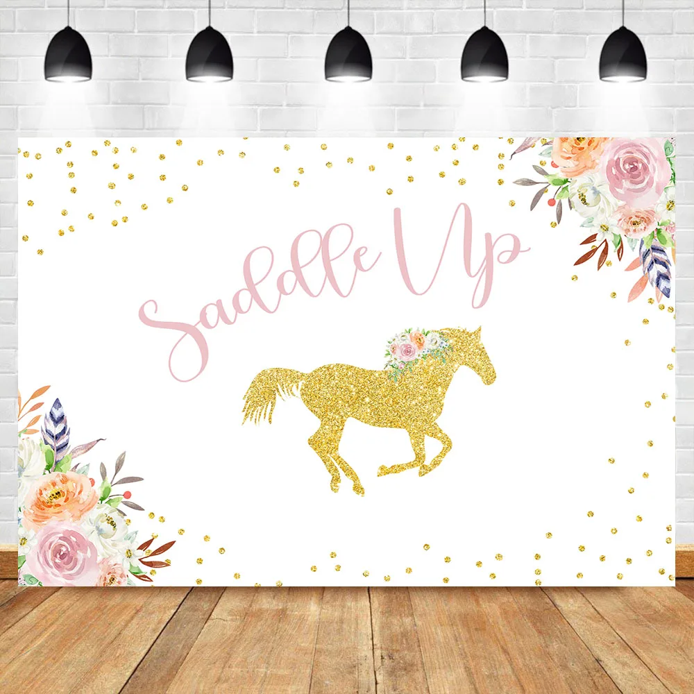 

NeoBack Gold Unicorn Backdrop Saddle Up Flower Golden Dots Girl Baby Shower Photography Background Newborn Baby Photo Background