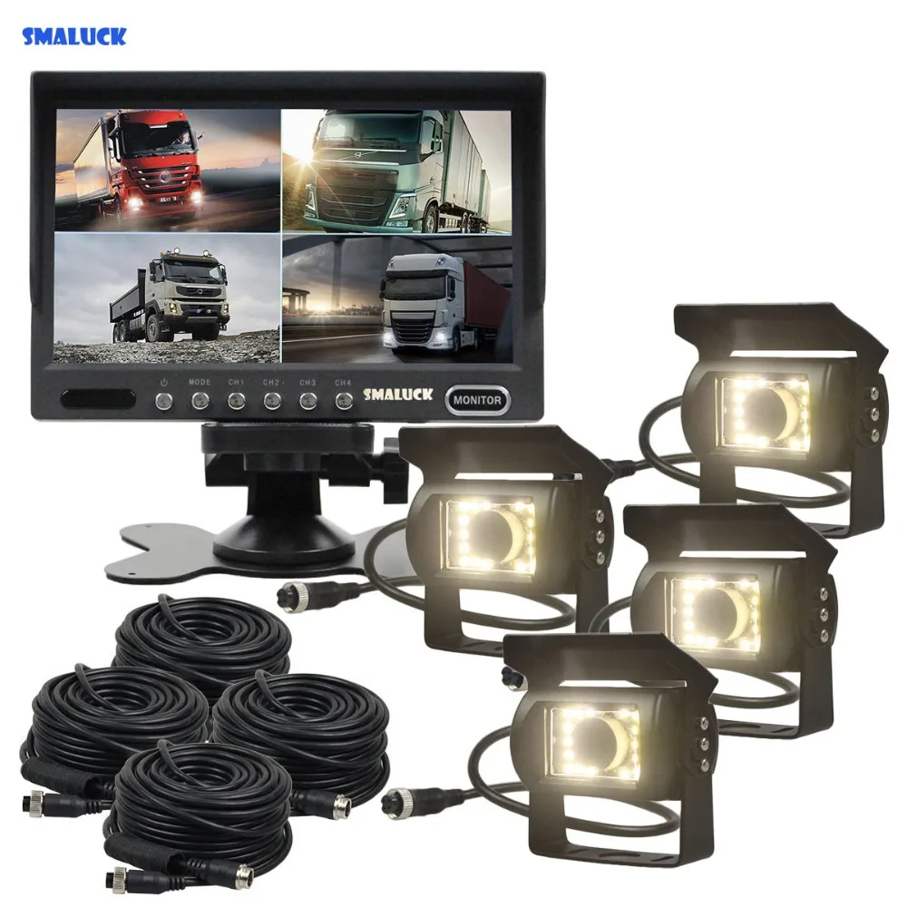 

SMALUCK 7" 4 Split QUAD Backup Rear View Car Monitor +Waterproof LED Reversing Rear View Camera for Truck Bus
