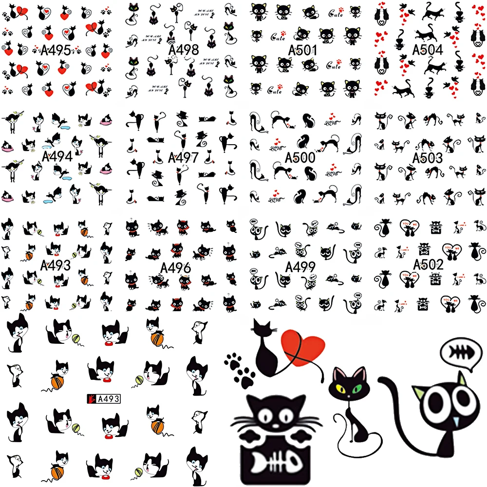 

12 Design In 1 Set Cute Cartoon Cat Nail Sticker Water Transfer French Tips Manicure Pedicure DIY Watermark BEA493-504