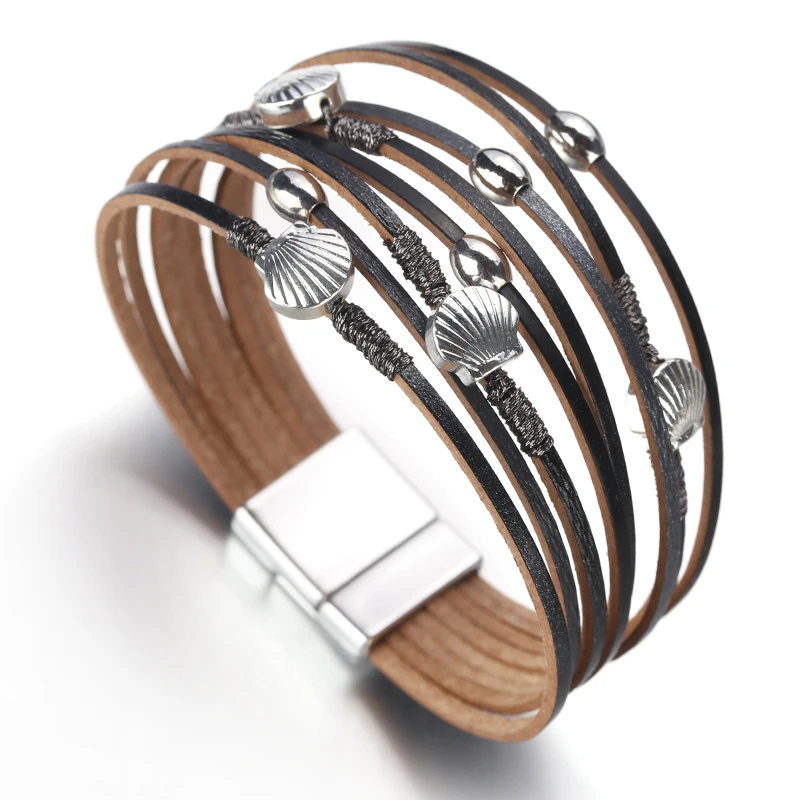 Amorcome богемный женский кожаный браслет Мода бохо стиль металлический корпус Шарм многослойный широкий ювелирный браслет
