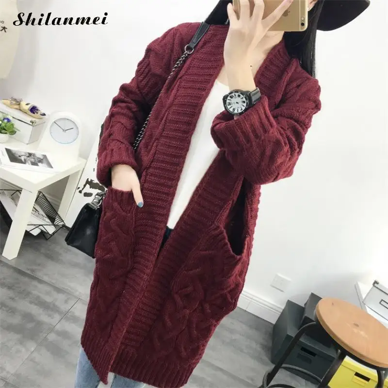 2018 Women Autumn Winter Sweater Green Long Cardigan Female Solid Purple Sweater Thick Long Sleeve Outwear With Two Pockets Sweaters