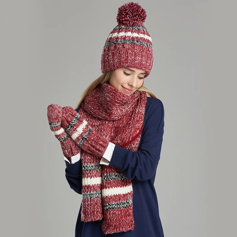 Женская вязаная шапка шарф перчатки наборы мода повседневные Элегантные зимние шапки шарфы перчатки три предмета Набор Бесплатная