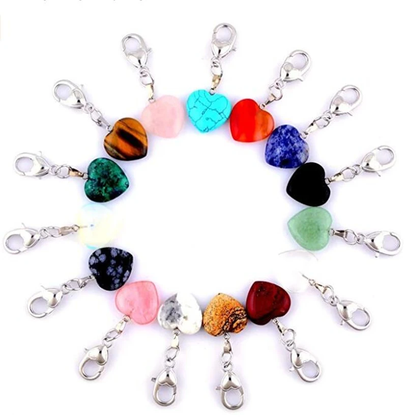 

Heart Stone Pendant Keychain Healing Pointed Chakra Pendant with Heart Lobster Clasps For 15pcs Necklace Jewelry Making