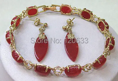 Fashion Jewellery Women's Bride Red Ruby Link Jewelry bracelet earrings set 18K Gold Plated hook..wholesale shipping Free