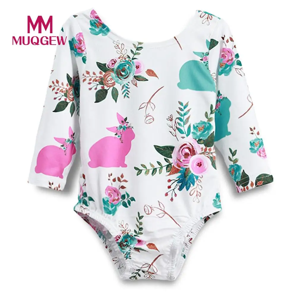 Newborn Infant Baby Girl Print Floral Cartoon Rabbit Pom Romper