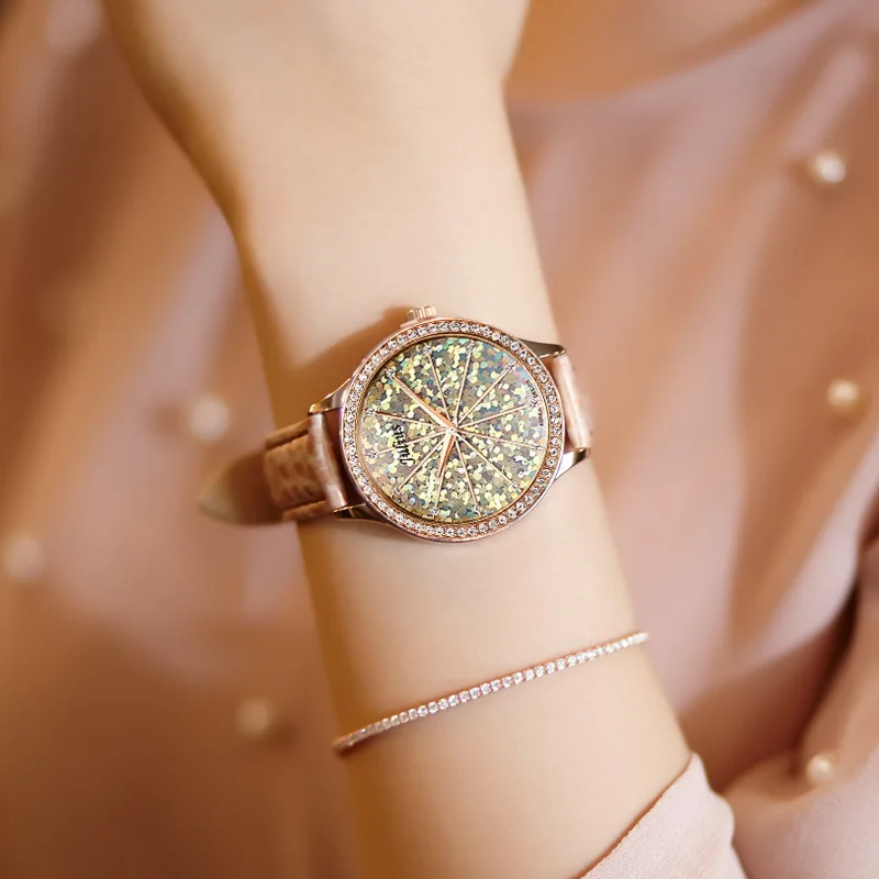 Женские часы, 5 цветов, японские кварцевые часы со звездами, изысканное модное платье, кожаный браслет, радужная чешуя Русалки, подарок для девочки