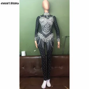 

Sparkly Black glass drill Crystals Nude Jumpsuit Stretch Stones Outfit Celebrate Bright Rhinestones Bodysuit Women DS Costume