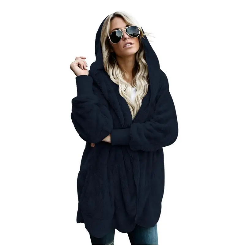 ADEWEL, новинка, весеннее Женское шерстяное пальто, теплая верхняя одежда, мягкий флис, с капюшоном, искусственный мех, пальто, длинный рукав, кардиган, женская верхняя одежда - Цвет: Тёмно-синий