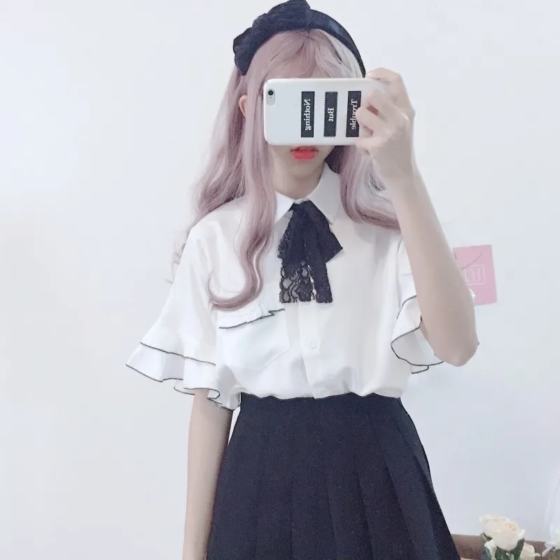 

Korean sweet women's ruffle flare sleeve blouse shirt 2019 new turn down collar lace bow lolita blouses preppy style blusas tops