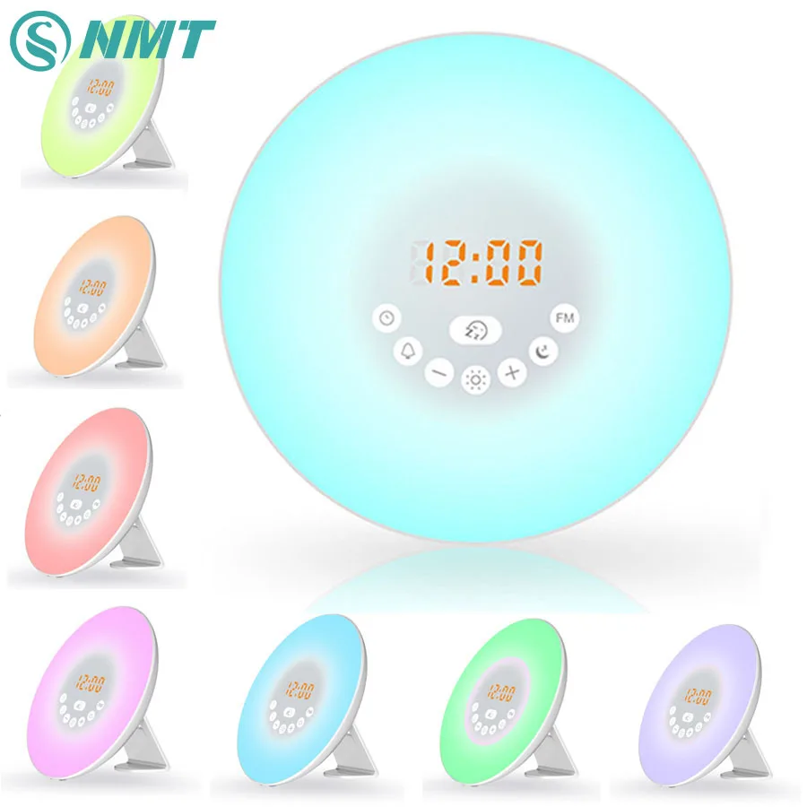 USB Led Wake Up Light Digital Alarm Clock Nature Sound Night Light RGB White FM Radio Touch Modern Table Lamp Lighting for Kids