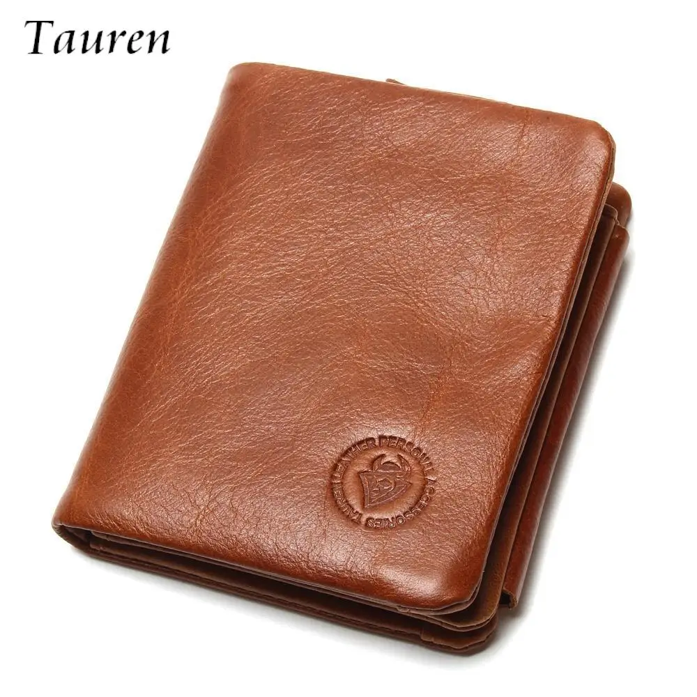 TAUREN 100% Genuine Leather Men Wallets OIL LEATHER Vintage Trifold Wallet Zip Coin Pocket Purse ...